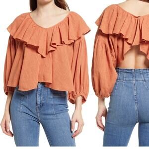 Free People Peasant Sleeve Boho Hippie Spring Open Back Ruffle Gauzy Cotton Top